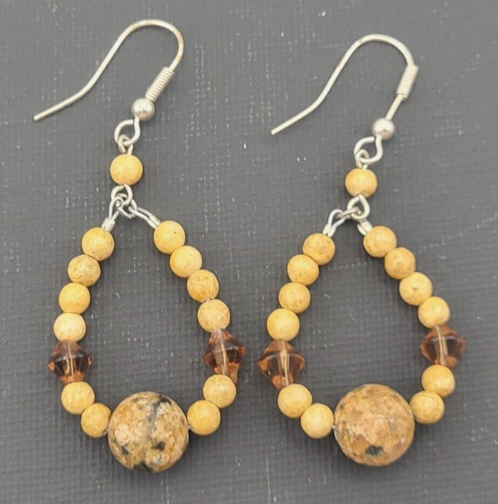 Vintage Handcrafted Bead Teardrop Earrings Brown Tan 1.75" Long YK